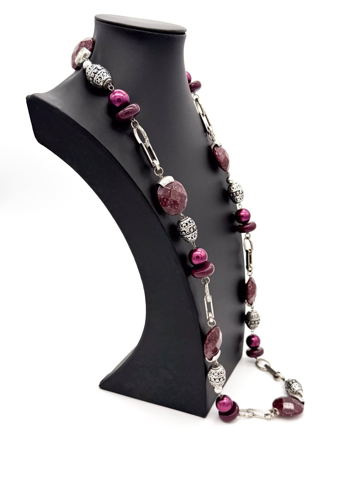 Long Purple Statement Necklace Silver Tone Link Chain Faceted Acrylic 38”