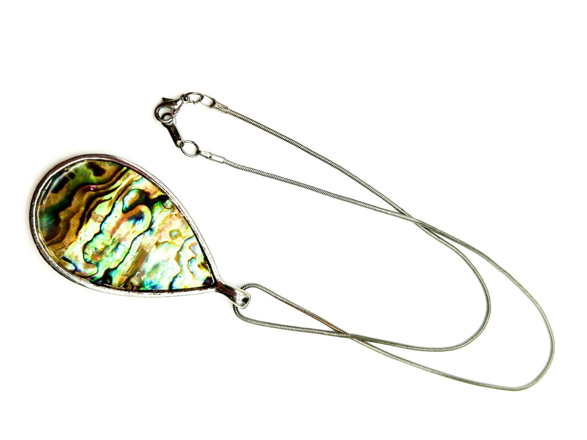Large Abalone Shell Teardrop Pendant Necklace Snake Chain Silver Tone 17in
