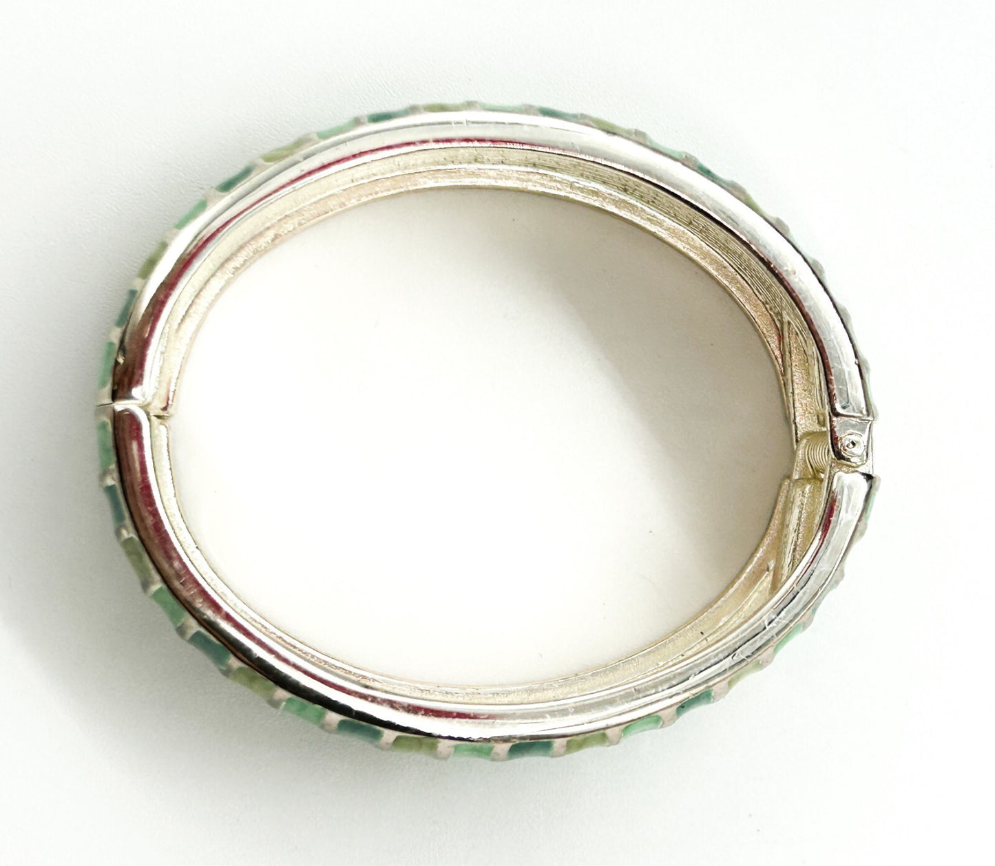 Green Striped Enamel Domed Clamper Bangle Silver Tone Statement Bracelet