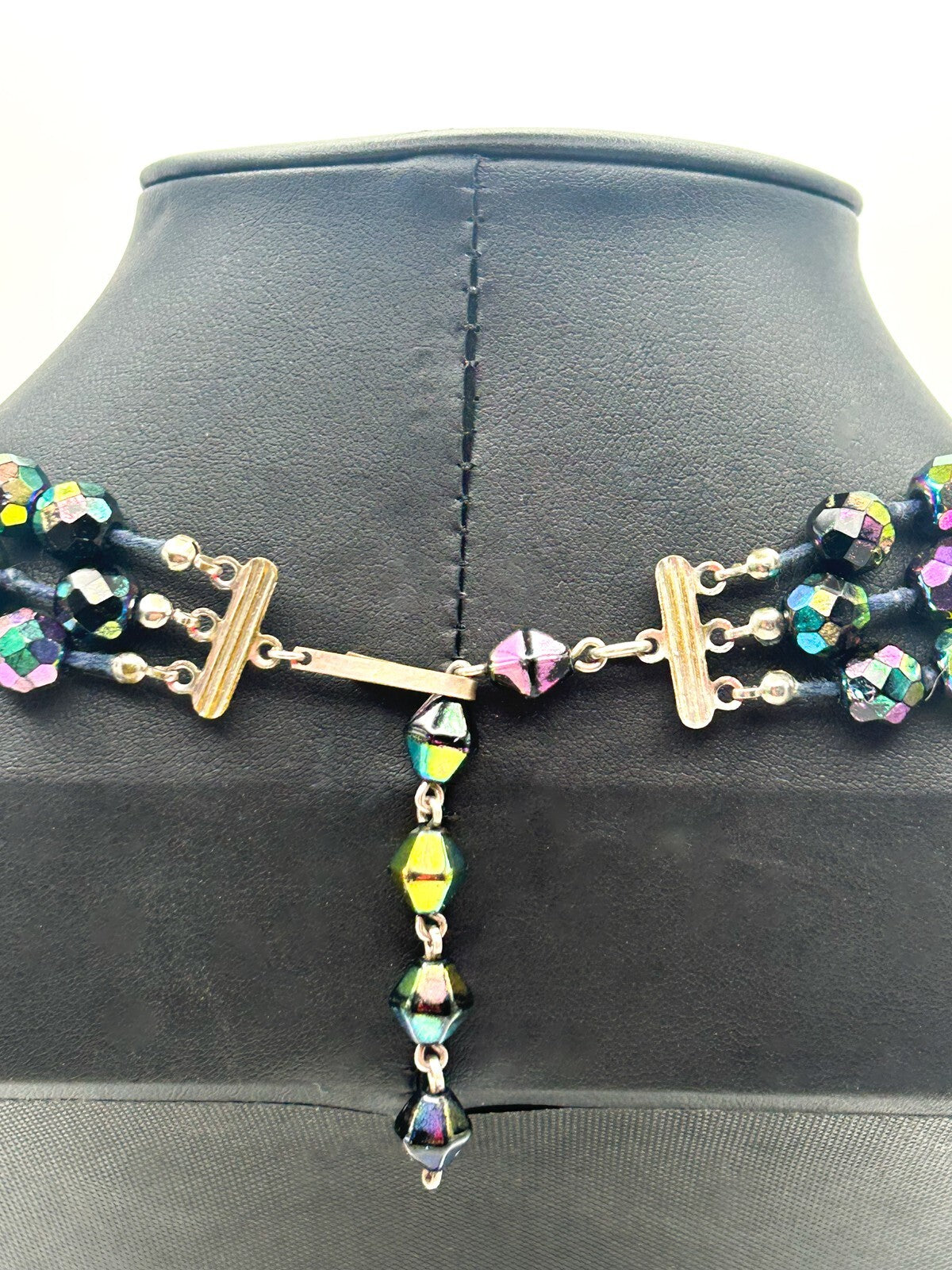 3-Layer Austrian Carnival Glass Faceted Iridescent Aurora Borealis VTG Necklace