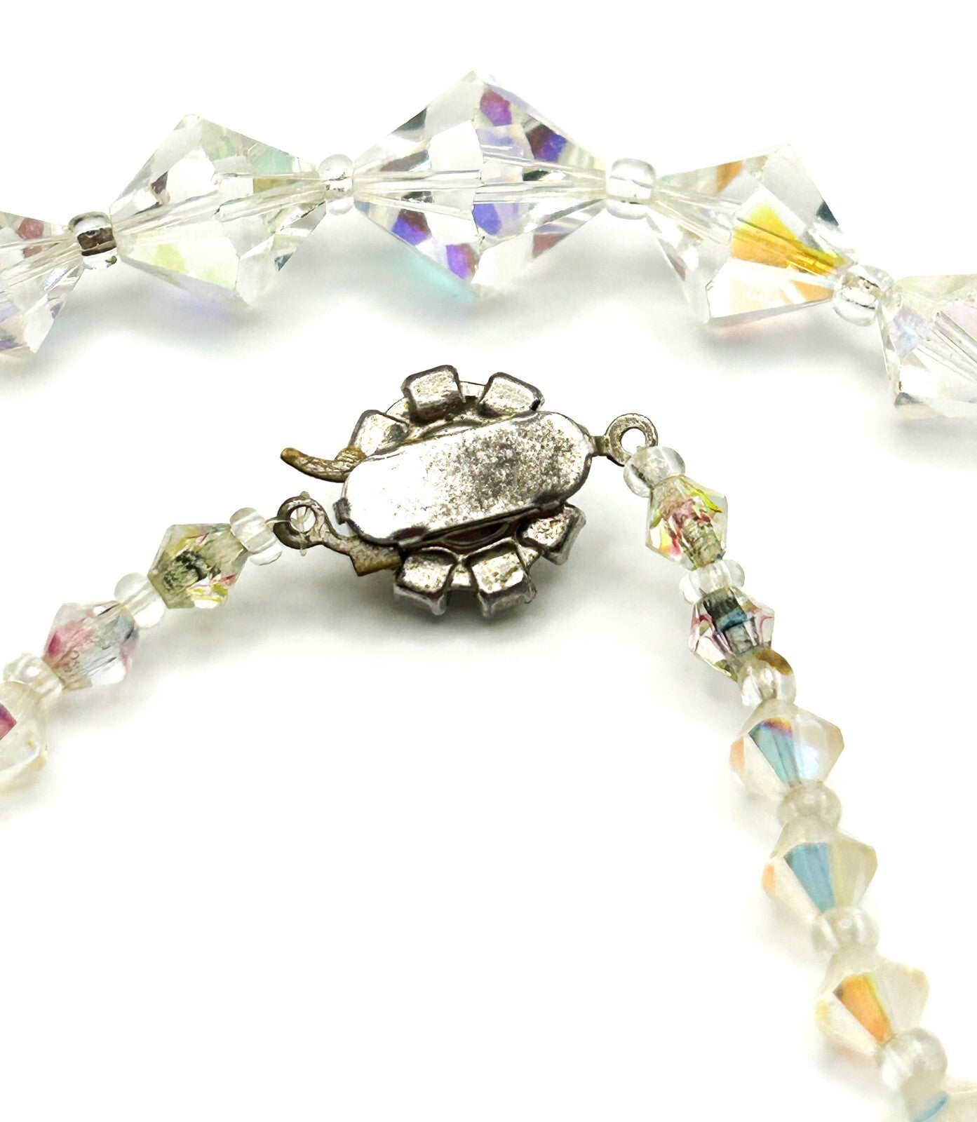 Aurora Borealis Crystal Bicone Necklace with Rhinestone Flower Clasp