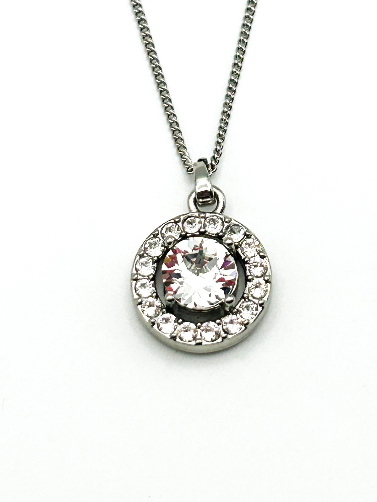 Silver Tone Crystal Halo Pendant Necklace – Round Solitaire with Pavé Frame