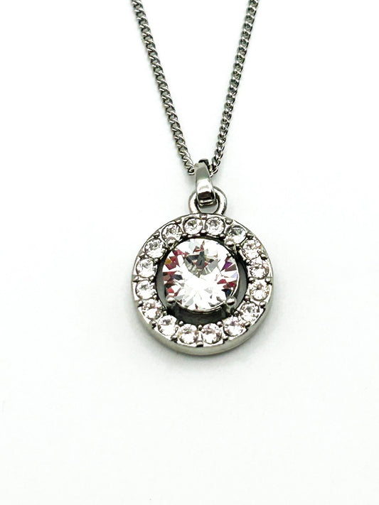 Silver Tone Crystal Halo Pendant Necklace – Round Solitaire with Pavé Frame