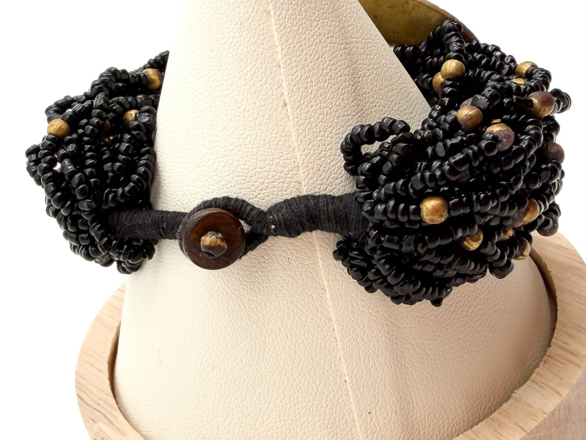 Vintage Chunky Black Seed Bead Bracelet Gold Tone Cabochon Statement Wide Cuff