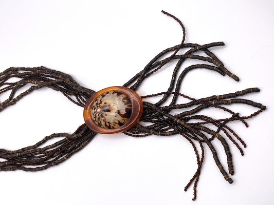 Brown Seed Bead Statement Necklace with Shell Resin Pendant Tassel