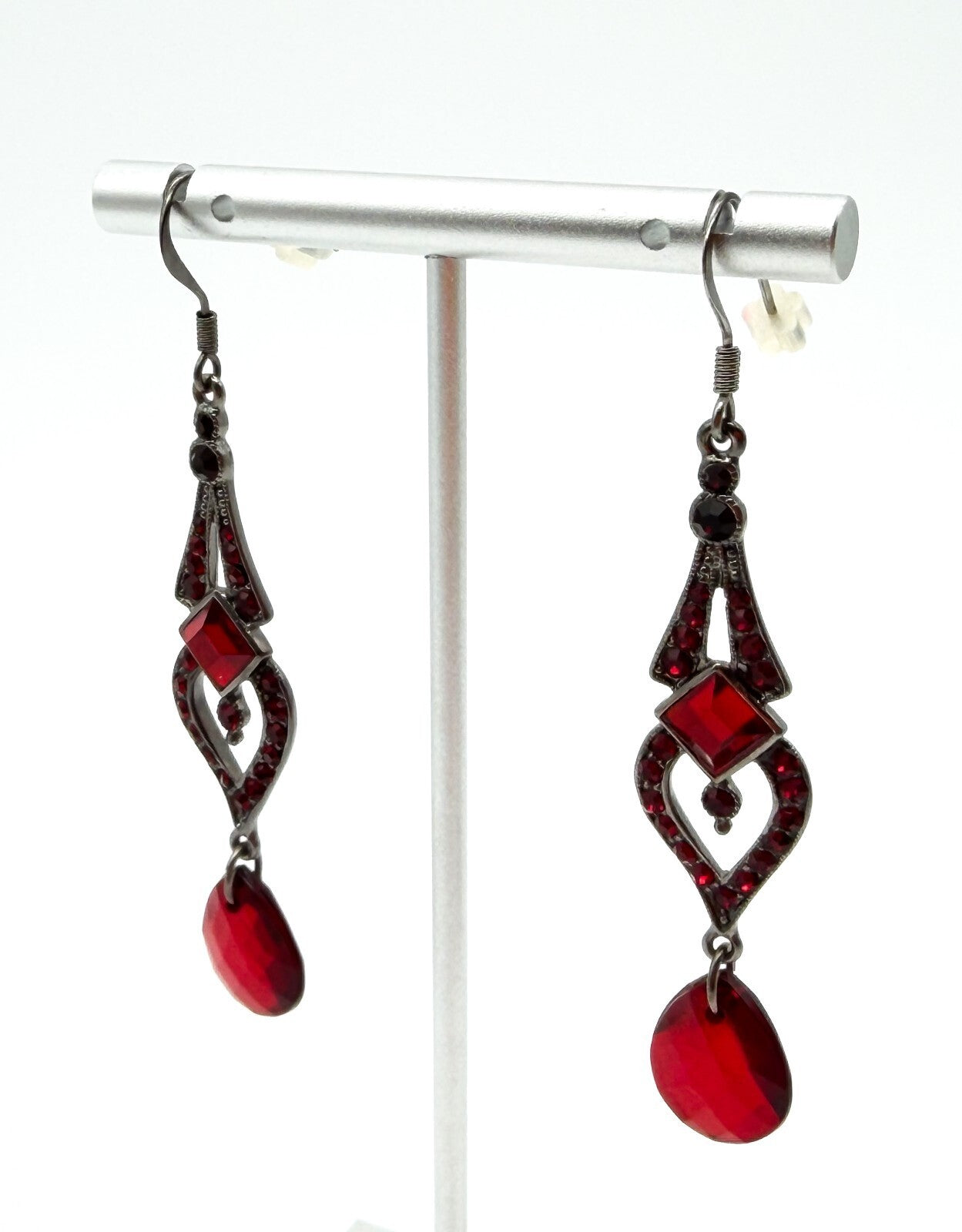 Art Deco Style Gothic Red Rhinestone Drop Earrings Gunmetal Teardrop Dangle