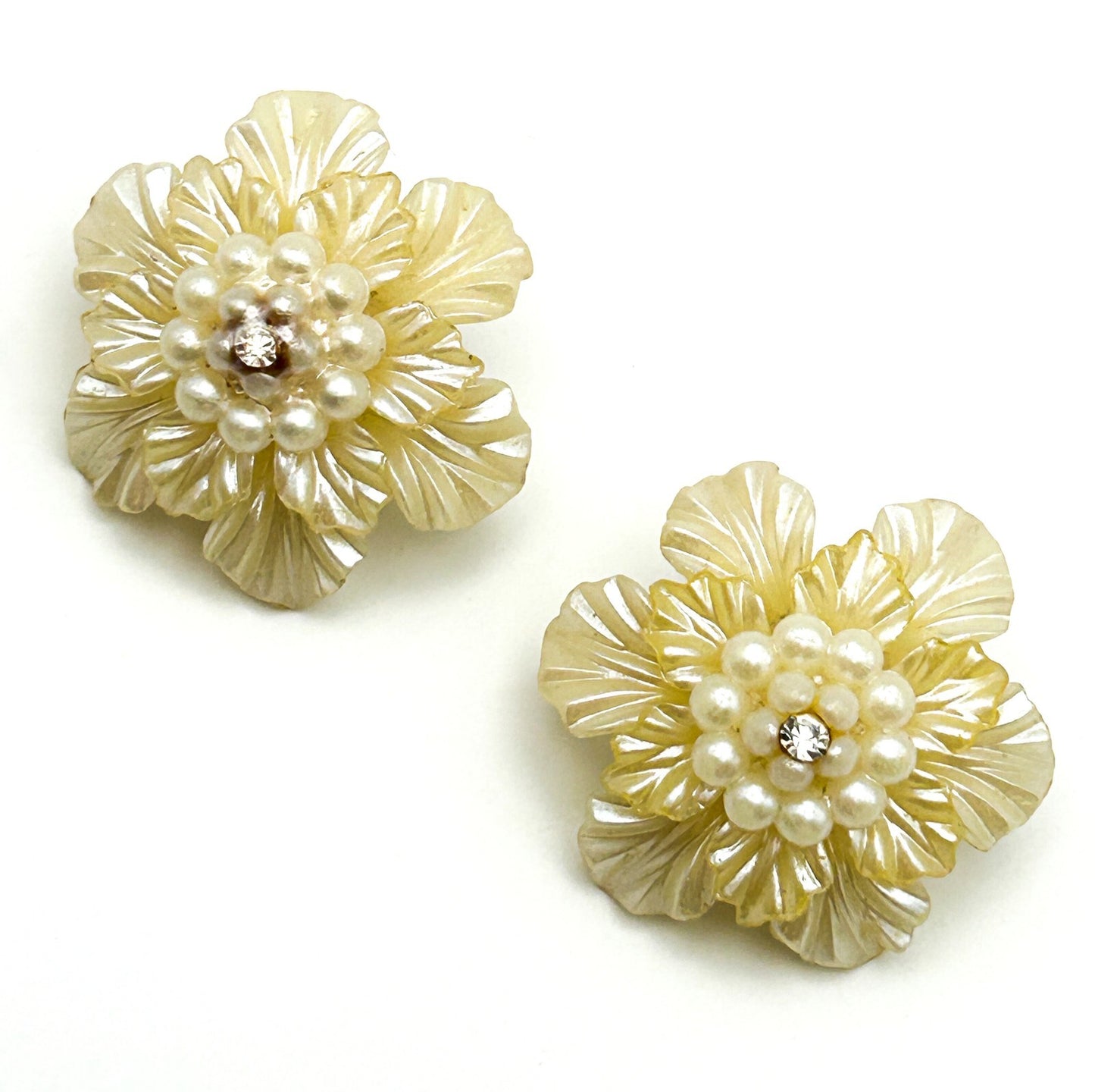 Vintage Lucite Flower Clip On Earrings Faux Pearl Rhinestone MCM Floral 50s 60s