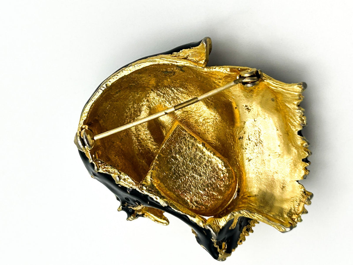 Vintage Black Panther Brooch Gold Enamel Rhinestone Eyes Statement Pin