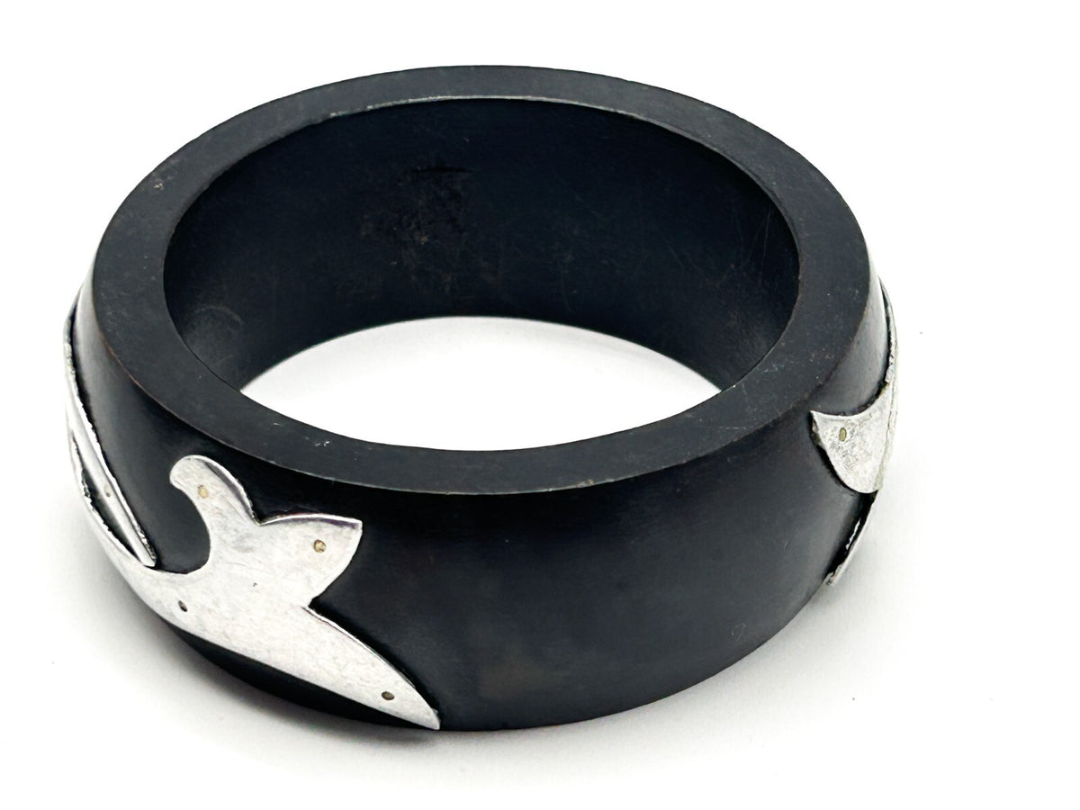 Chunky Dark Wood Bracelet 925 Sterling Silver Tribal Design Overlay Bangle Boho