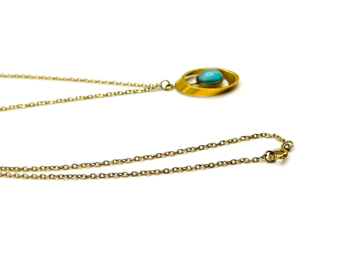 Gold Tone Openwork Oval Pendant Necklace with Turquoise Cats Eye Cabochon