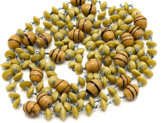 Vintage Venetian Style Glass Bead Necklace Mustard & Olive Disc  Barrel Detail