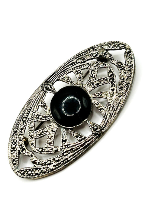 Vintage Art Deco Style Black Cabochon Brooch Silver Tone Openwork Oval