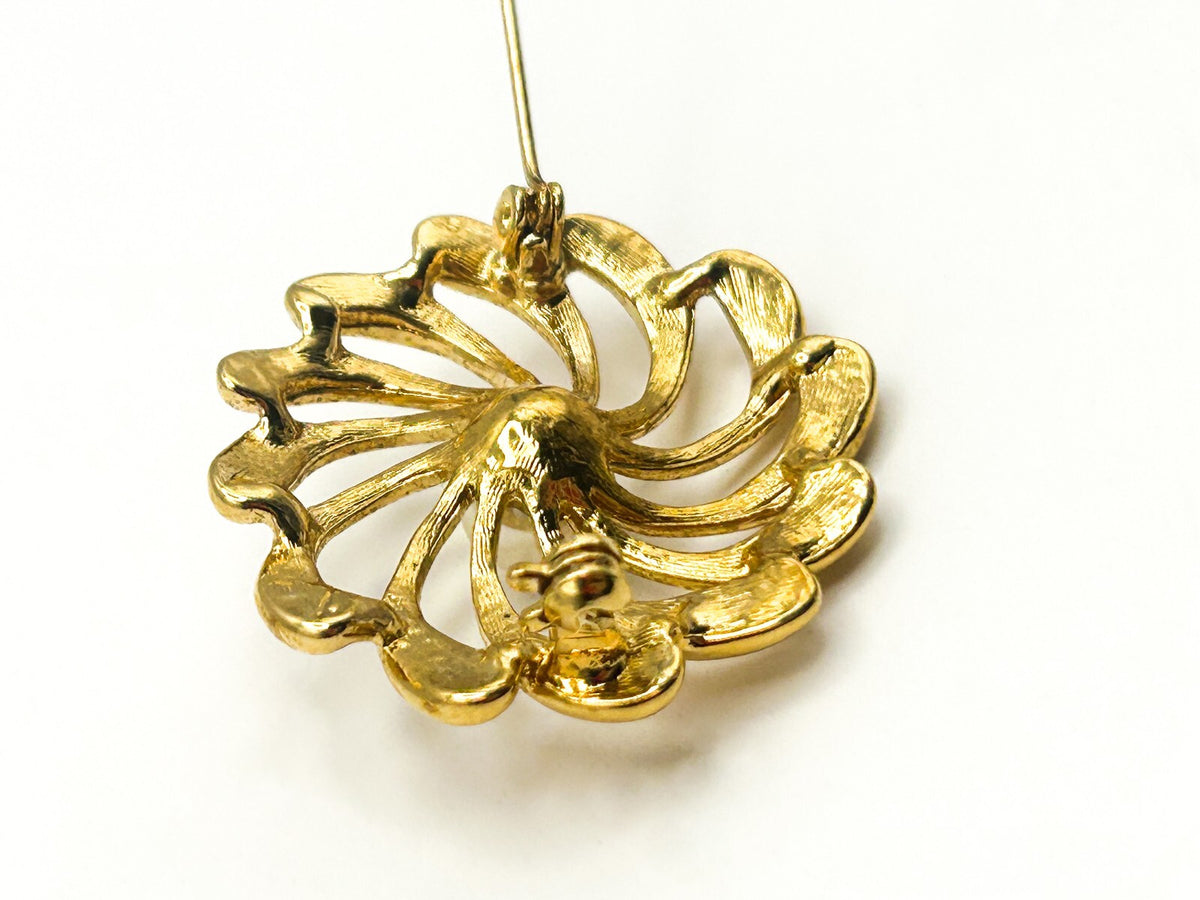 Gold Tone Spiral Flower Brooch with Faux Pearl Centre