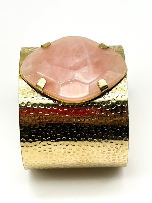 Pink Jade Gold Tone Textured Cuff Bracelet Faceted Stone Boho Statement Retro