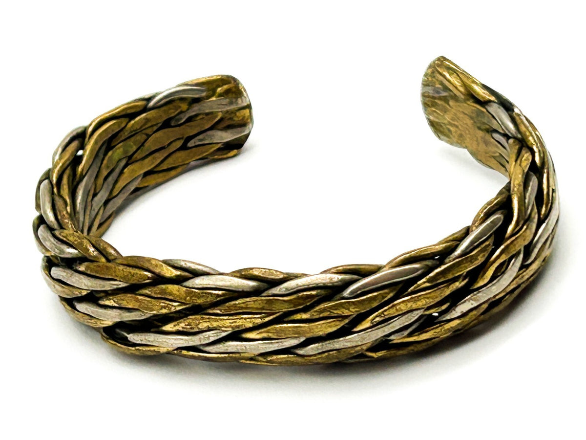 Vintage Braided Mixed Metal Chunky Cuff Bracelet Brass Silver Tone 60s-70s Retro