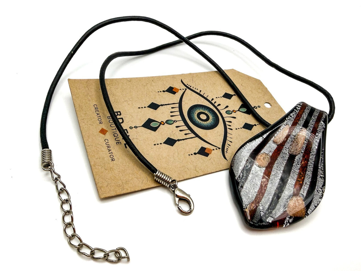 Silver, Copper Tone & Black Dichroic Art Glass Murano-style Pendant Necklace