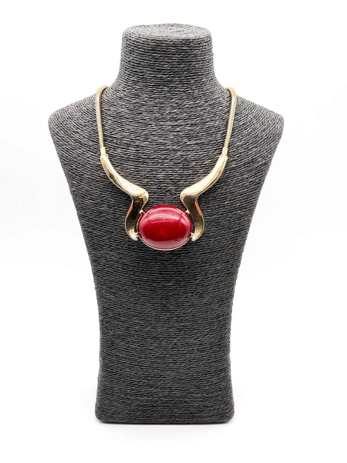 Wallis Gold Tone Statement Necklace Red Cabochon Pendant Snake Chain 18” NWT