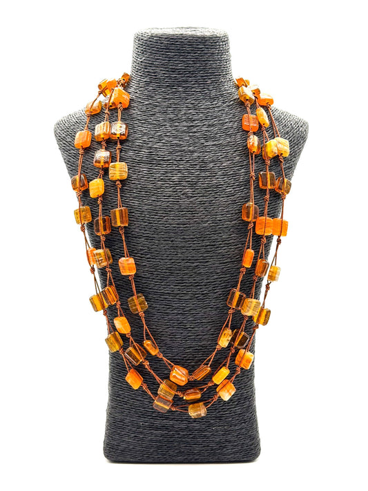 Vintage Amber Art Glass Bead Necklace Orange Brown Triple Strand Knotted 28.5”