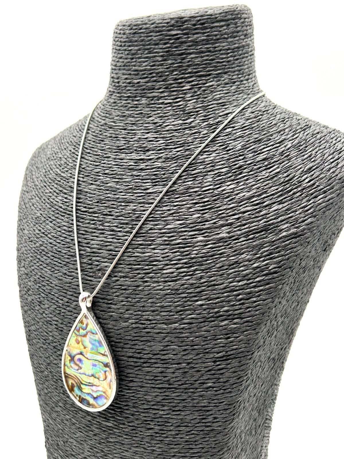 Large Abalone Shell Teardrop Pendant Necklace Snake Chain Silver Tone 17in