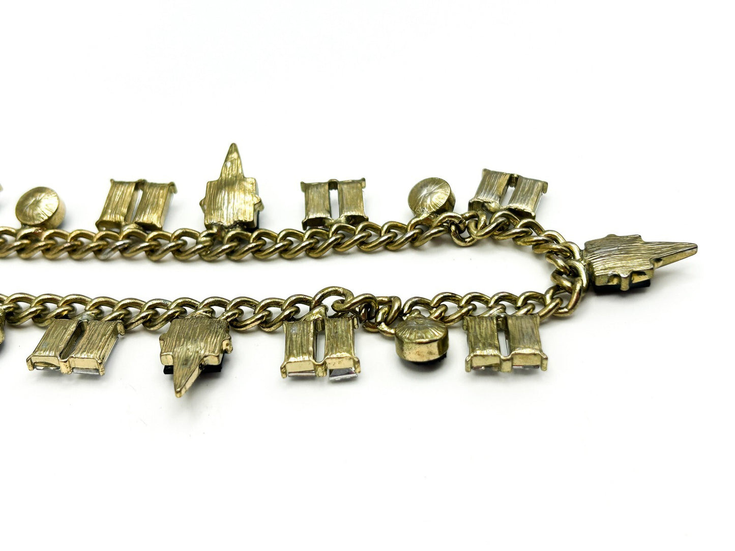 Gold Tone Curb Chain Necklace Black Clear Rhinestone Drop Charms Geometric 19”