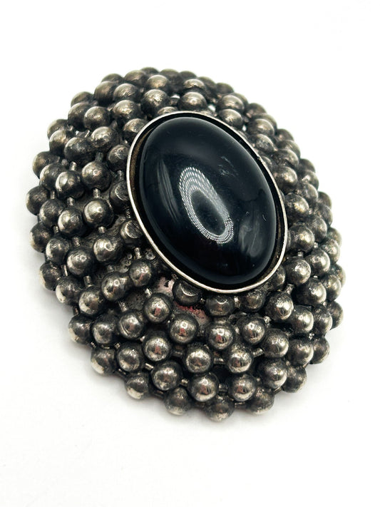 Vintage Black Cabochon Brooch Victorian Revival Style Silver Tone Domed Pin