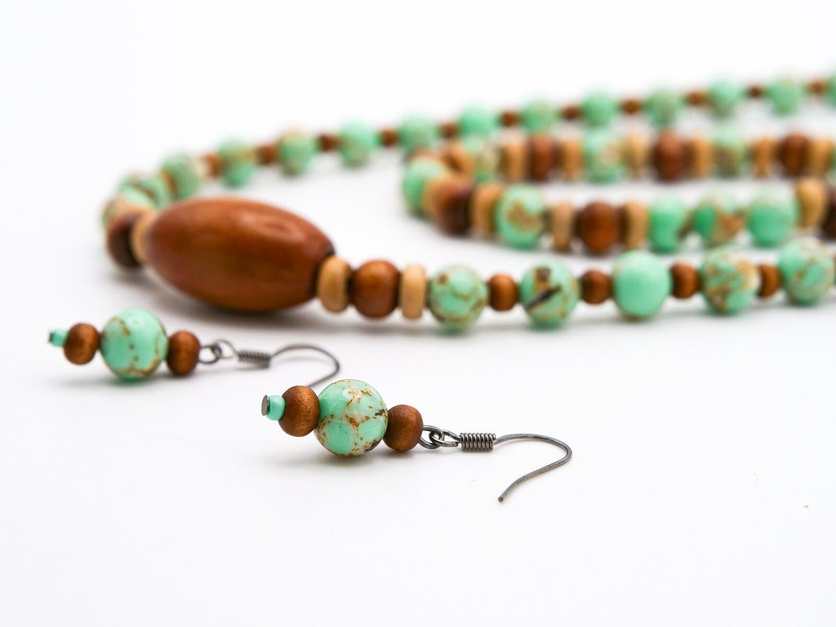 Handmade Brown & Green Beaded Necklace, Bracelet and Earrings Set - Wood Acrylic