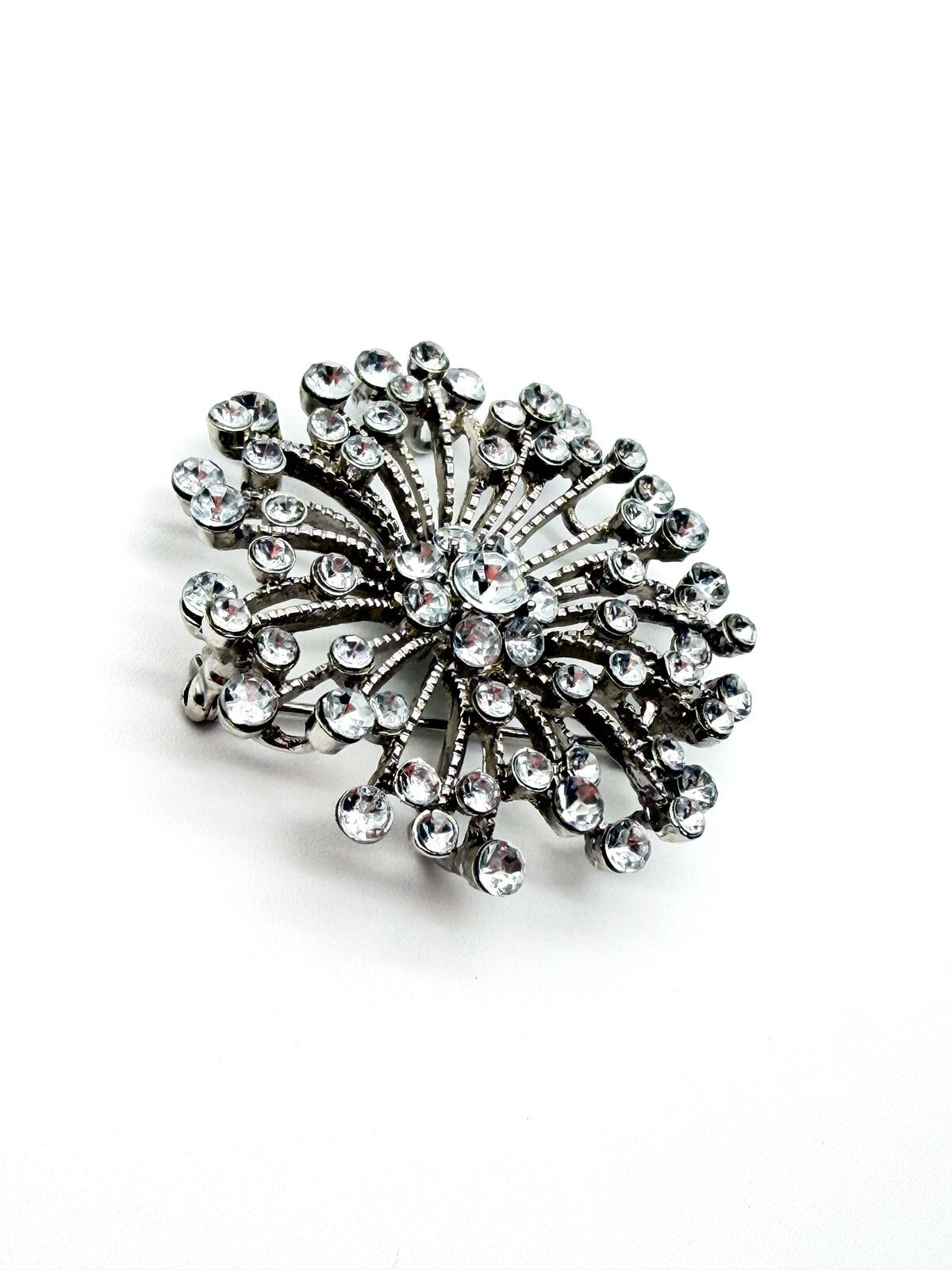 Vintage Rhinestone Starburst Pendant Brooch Silver Tone Crystal Spray Pin 5cm
