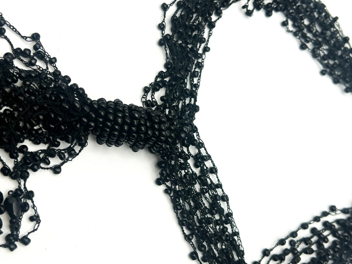 Black Multi Strand Beaded Tassel Necklace Statement Signed WS 25”