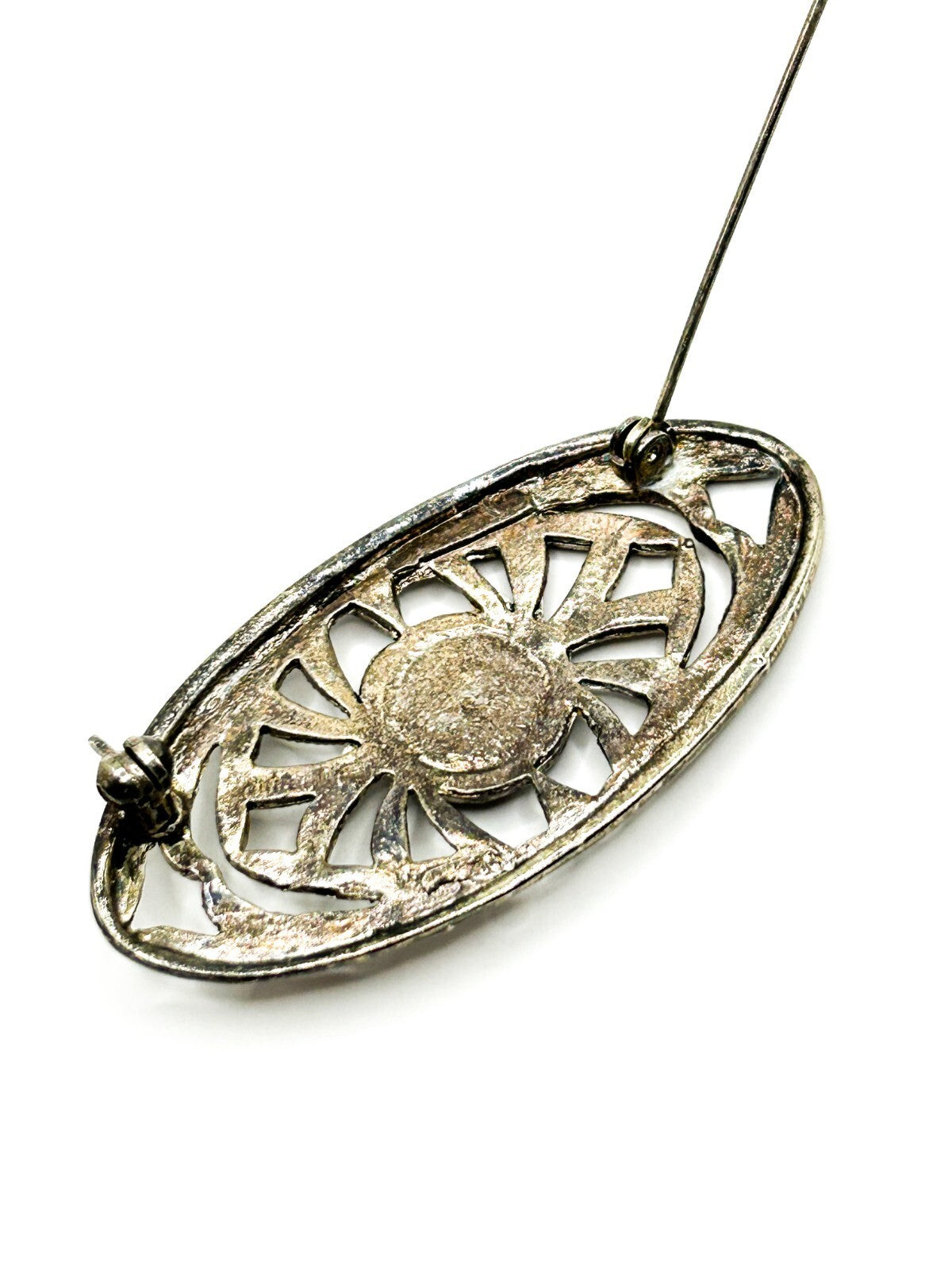 Vintage Art Deco Style Black Cabochon Brooch Silver Tone Openwork Oval