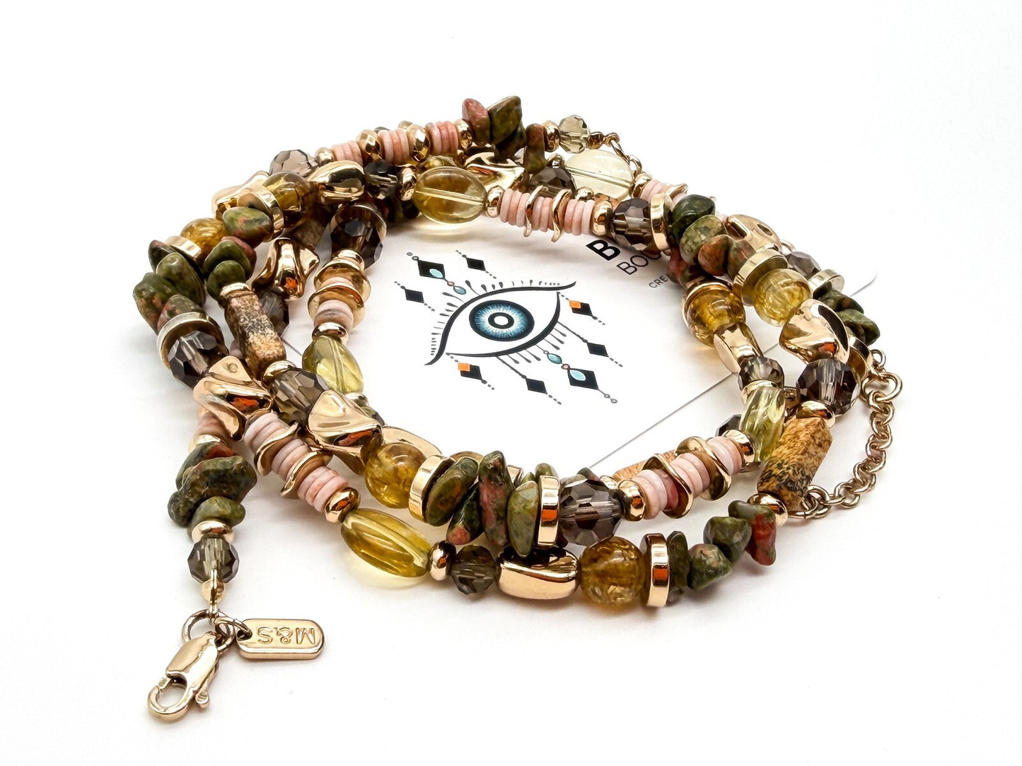 M&S Long Beaded Necklace Unakite Jasper Shell Multi Strand Earth Tone Statement