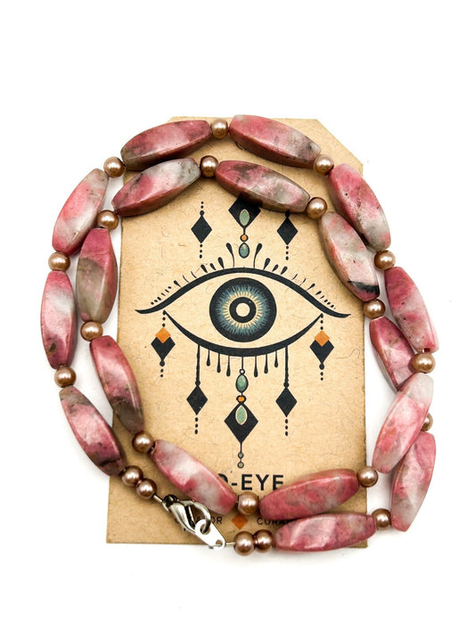 Rhodonite Gemstone Beaded Necklace Pink Oval Beads Faux Pearl Spacers 18”