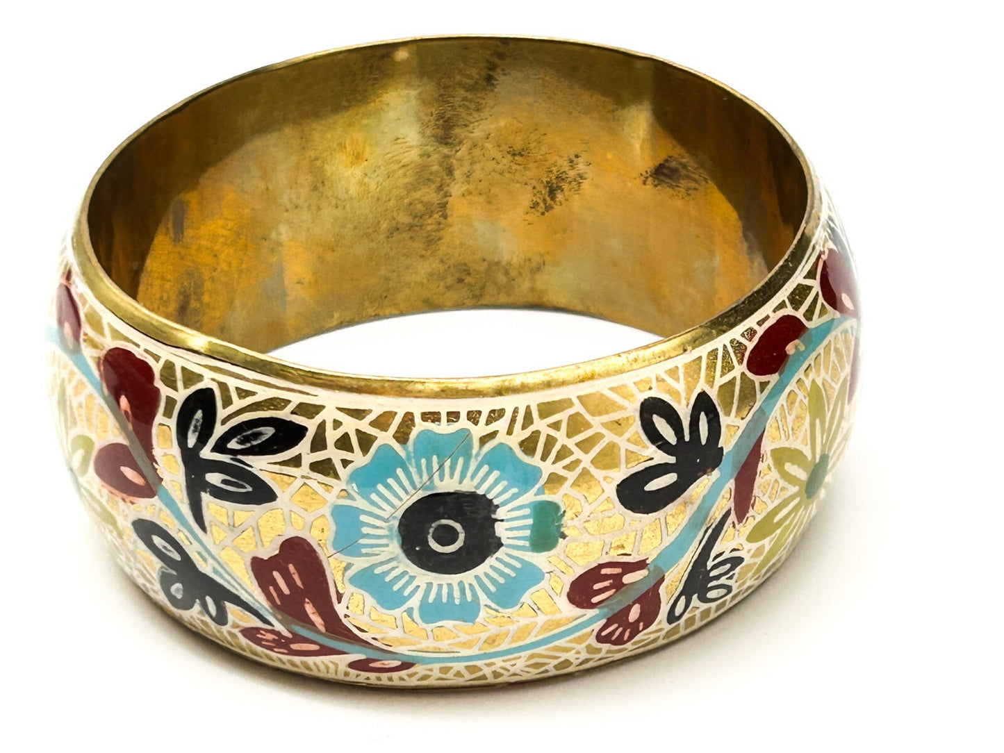 Vintage Painted Brass Floral Wide Bangle Boho Folk Art Bracelet Flower Leaf Cuff