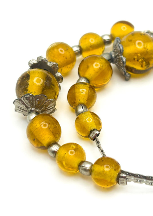 Vintage Graduated Long Amber Glass Bead Necklace on Silver-Tone Chain 70s Retro