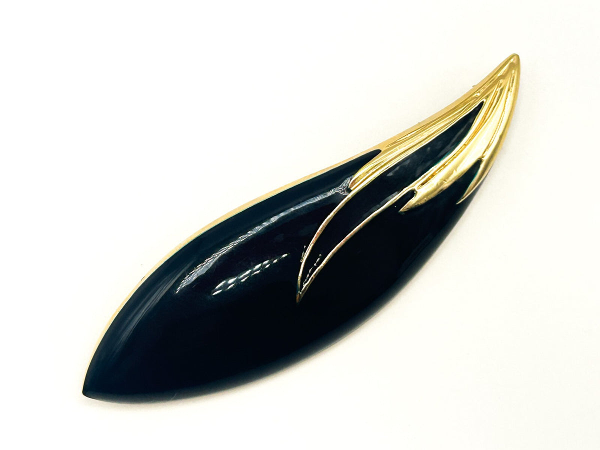 Black Enamel Gold Tone Abstract Brooch with Sweeping Lines 80s - Pin Retro
