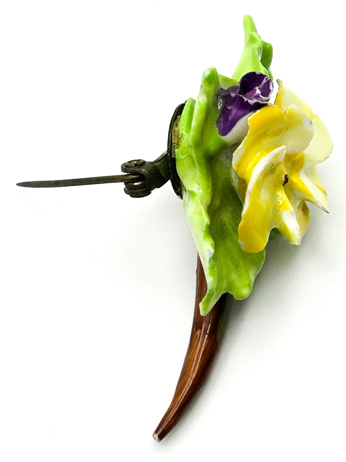 Vintage SylvaC China Flower Brooch Yellow Green Floral Pansy Ceramic Pin 6cm