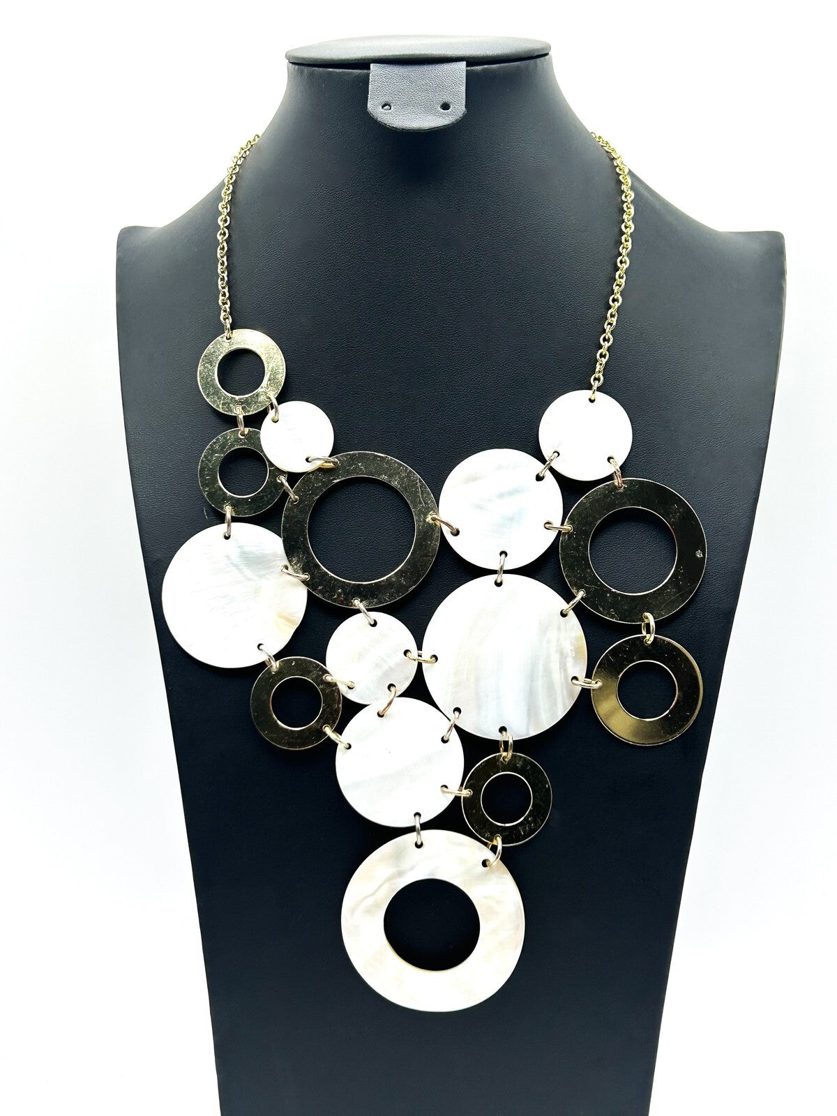 Y2K Gold Tone Statement Necklace Mother of Pearl Disc Hoop Bib Chunky 90s 2000s