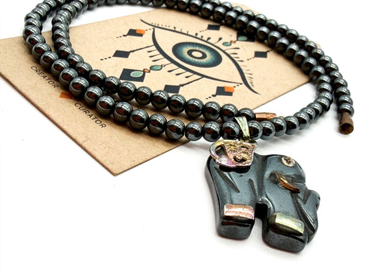 Hematite Bead Necklace with Elephant Pendant – 16.5”