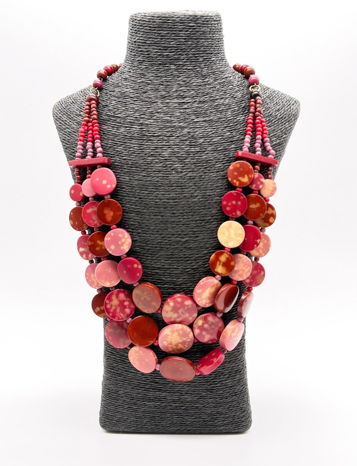 Triple Strand Pink Statement Necklace Red Disc Beads Chunky Layered 25"
