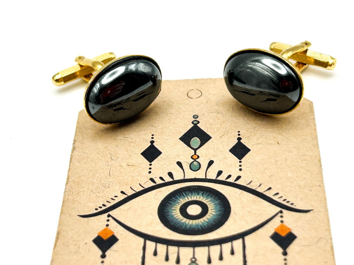 Vintage Gold Tone Oval Hematite Cufflinks