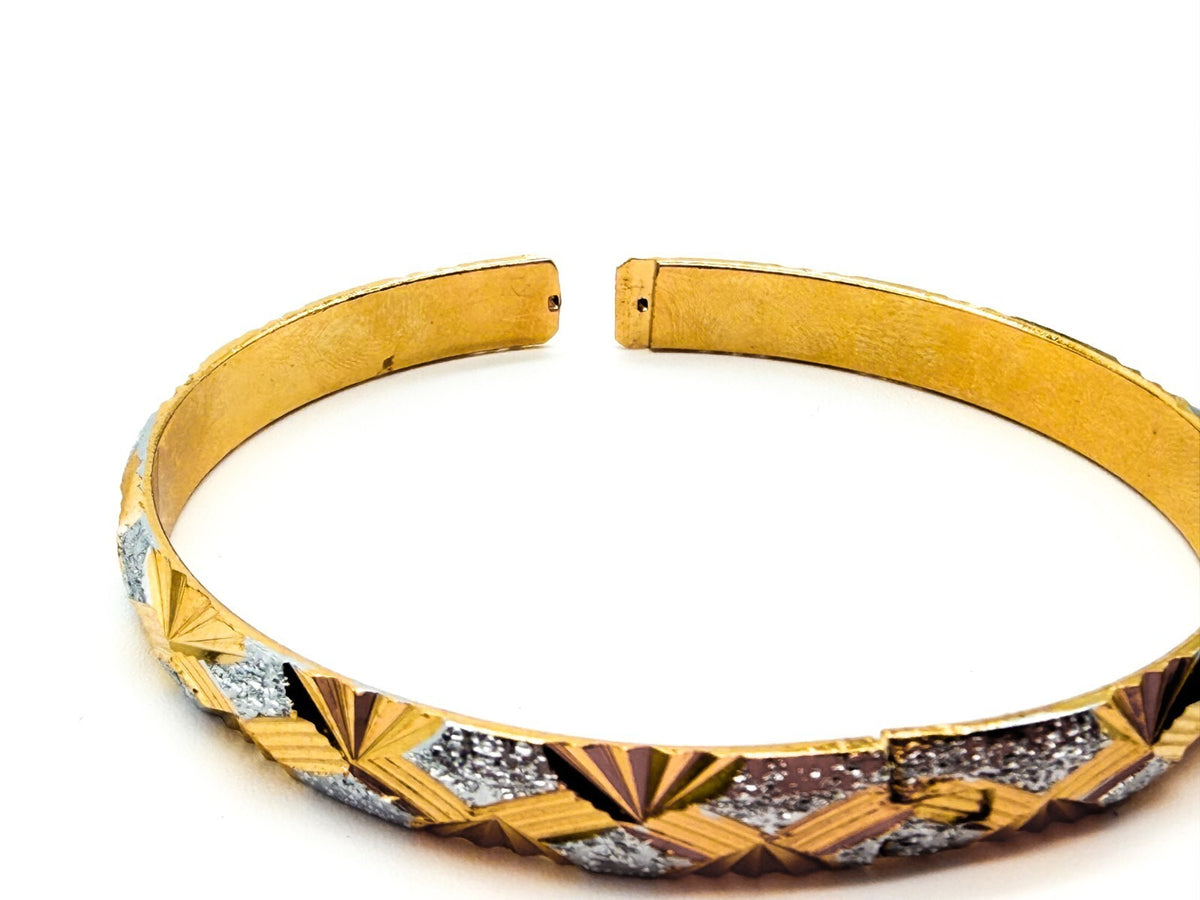 Gold Tone Diamond Cut Hinged Bangle Bracelet Silver Tone Accents Geometric