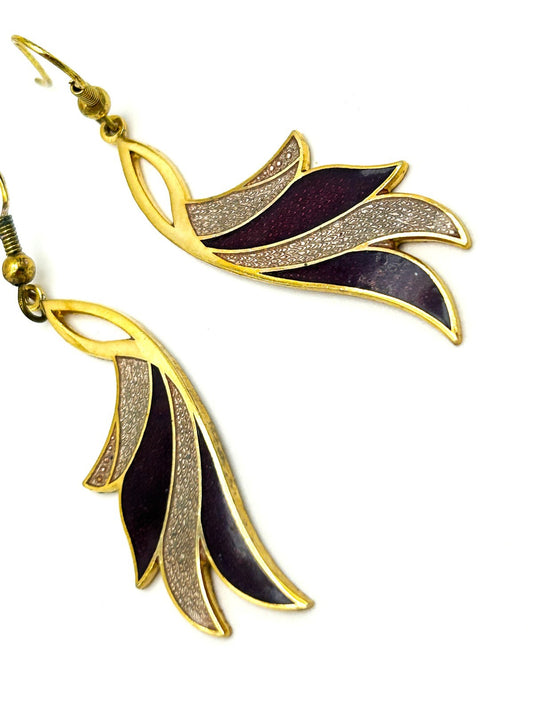 Vintage Cleopatra Cloisonné Purple Enamel Dangle Earrings Gold Tone
