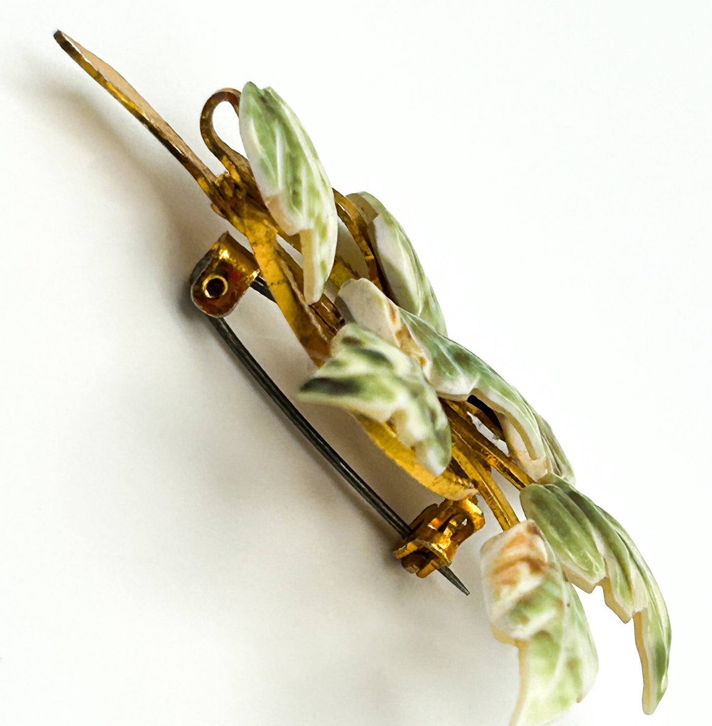 Vintage Shell Leaf Brooch Carved Green Gold Tone Floral Pin