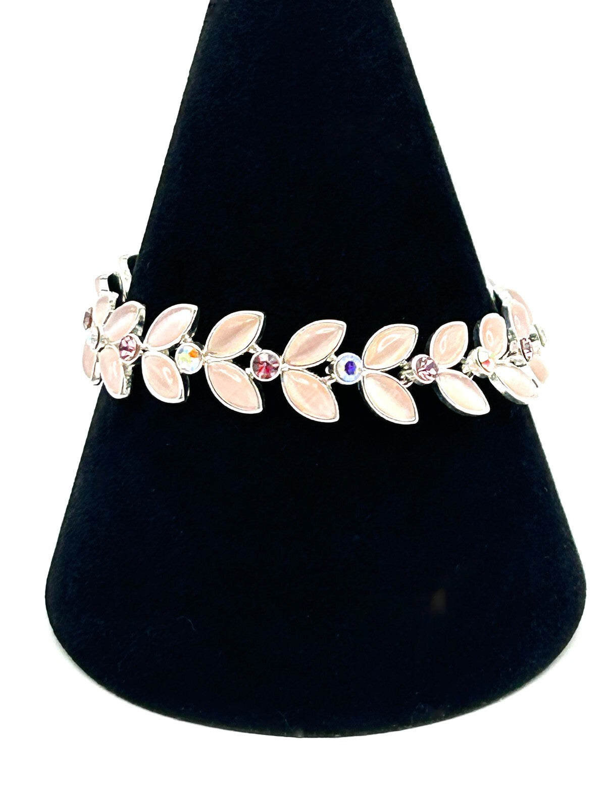 Pink Cat’s Eye Leaf Petal Bracelet Silver Tone AB Crystal Marquise