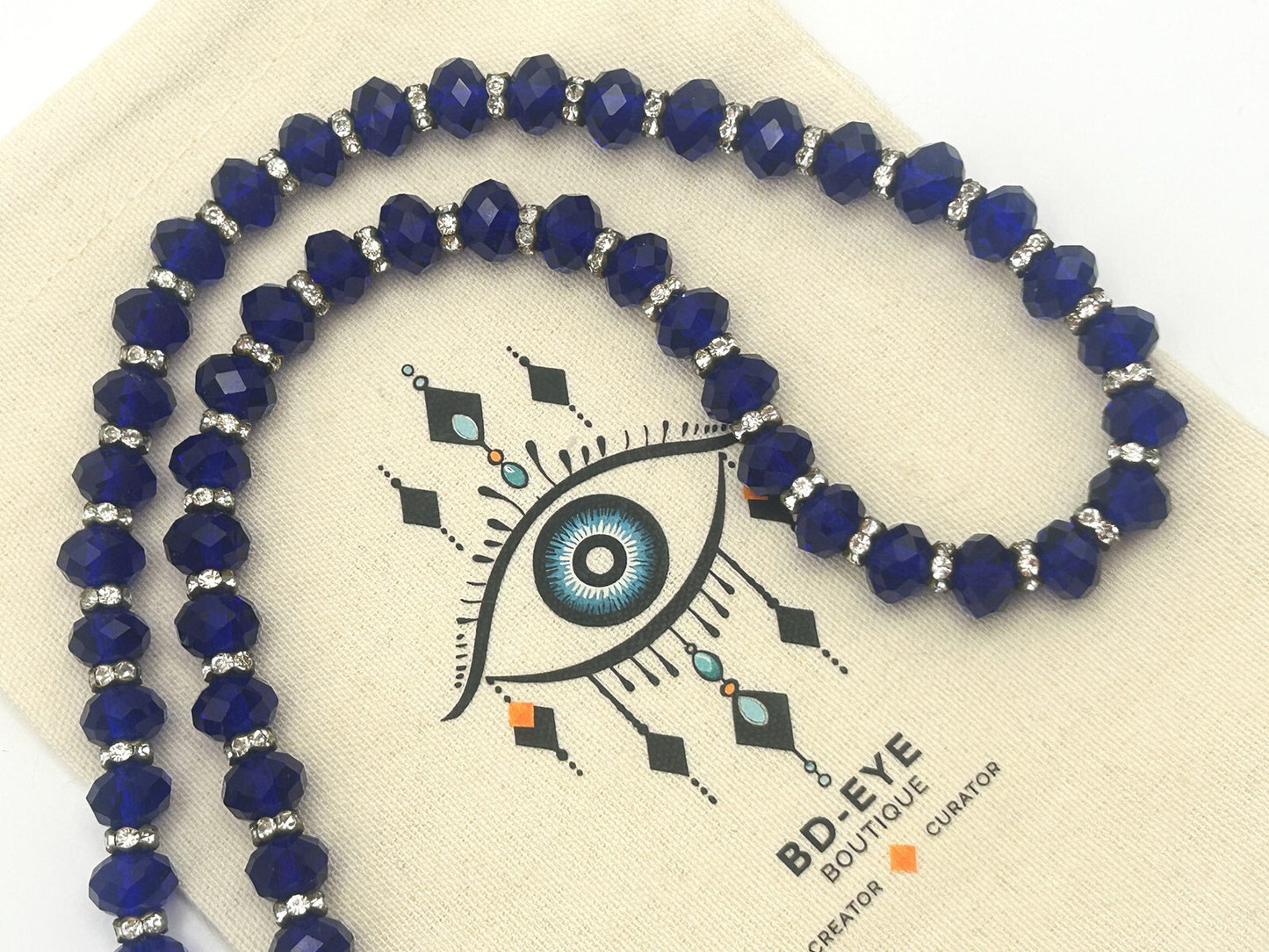 Cobolt Blue Faceted Glass Necklace with Rhinestone Rodelles - Bright Bold