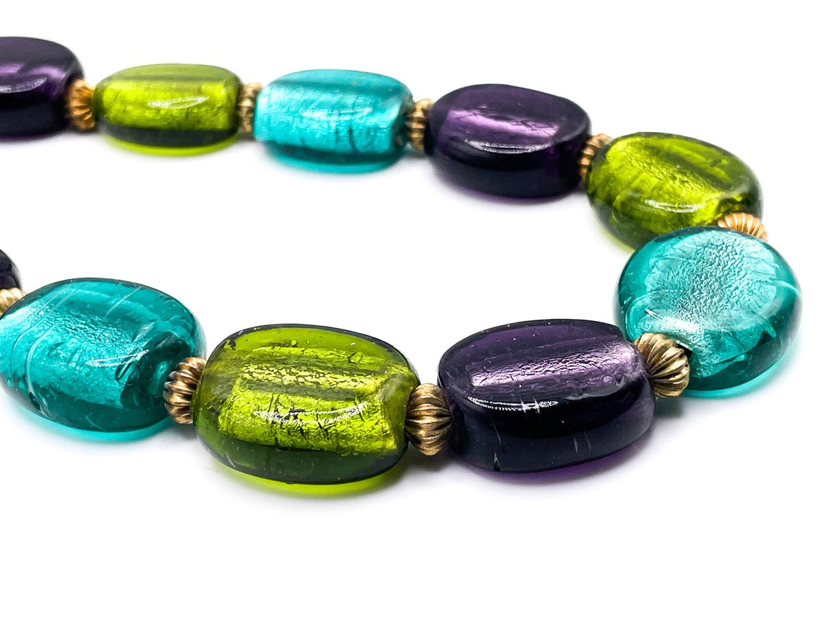 Chunky Dichroic Foil Glass Statement Beaded Necklace Y2K Green Purple Turquoise
