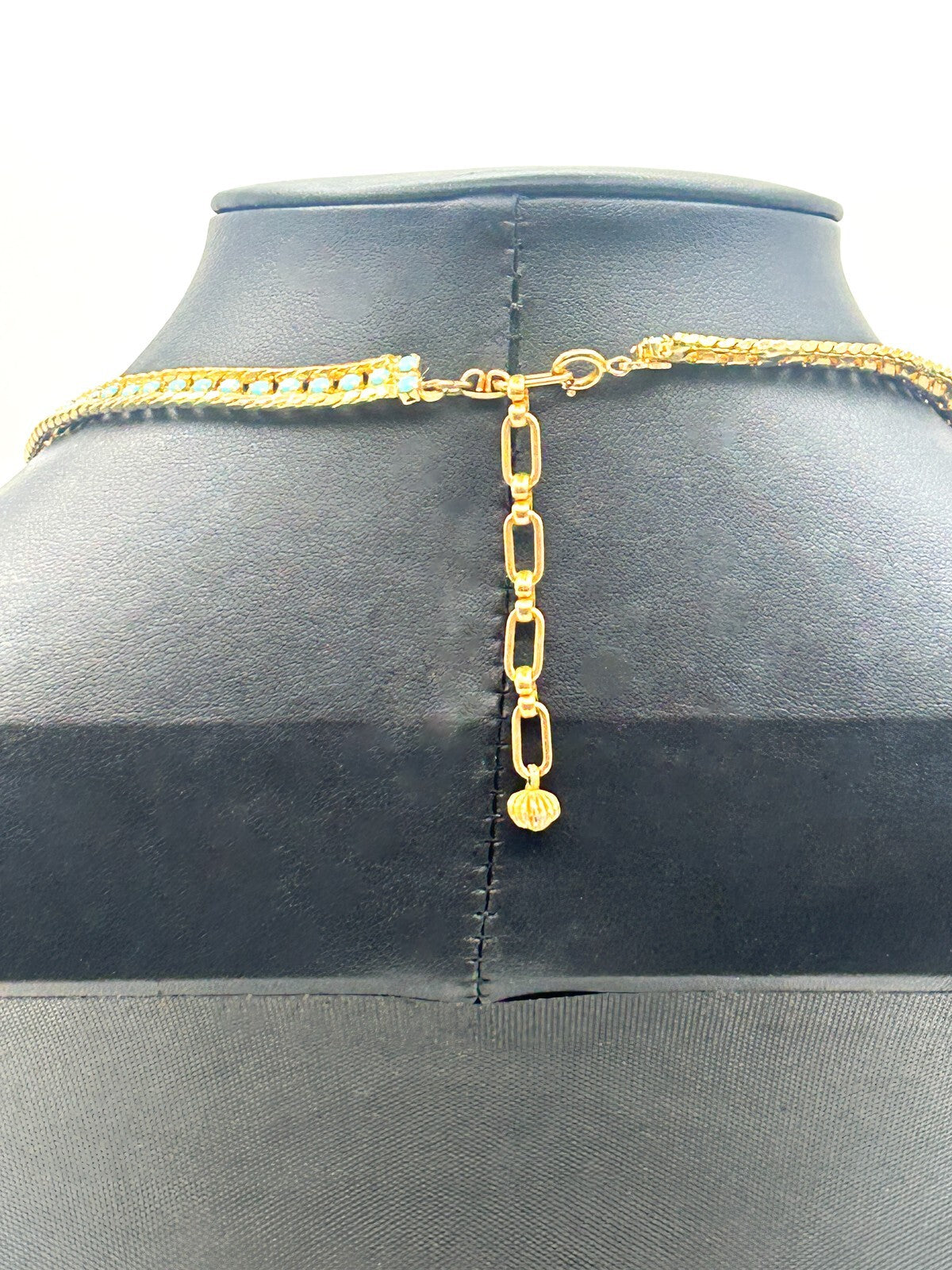 Gold Tone Turquoise Glass Lariat Necklace – Vintage Mesh Tassel Design