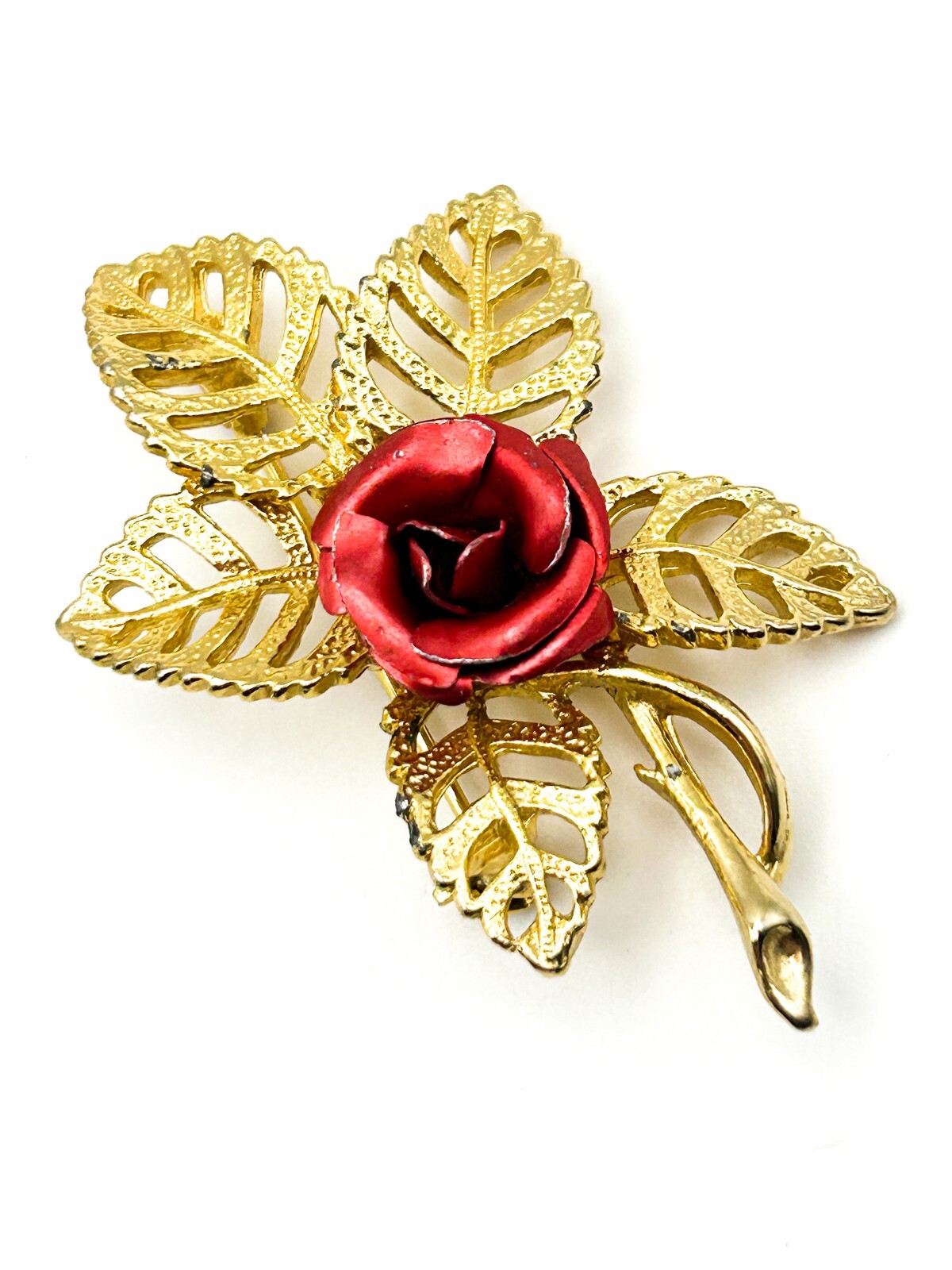 Gold Tone Red Enamel Rose Brooch with Openwork Leaf Design