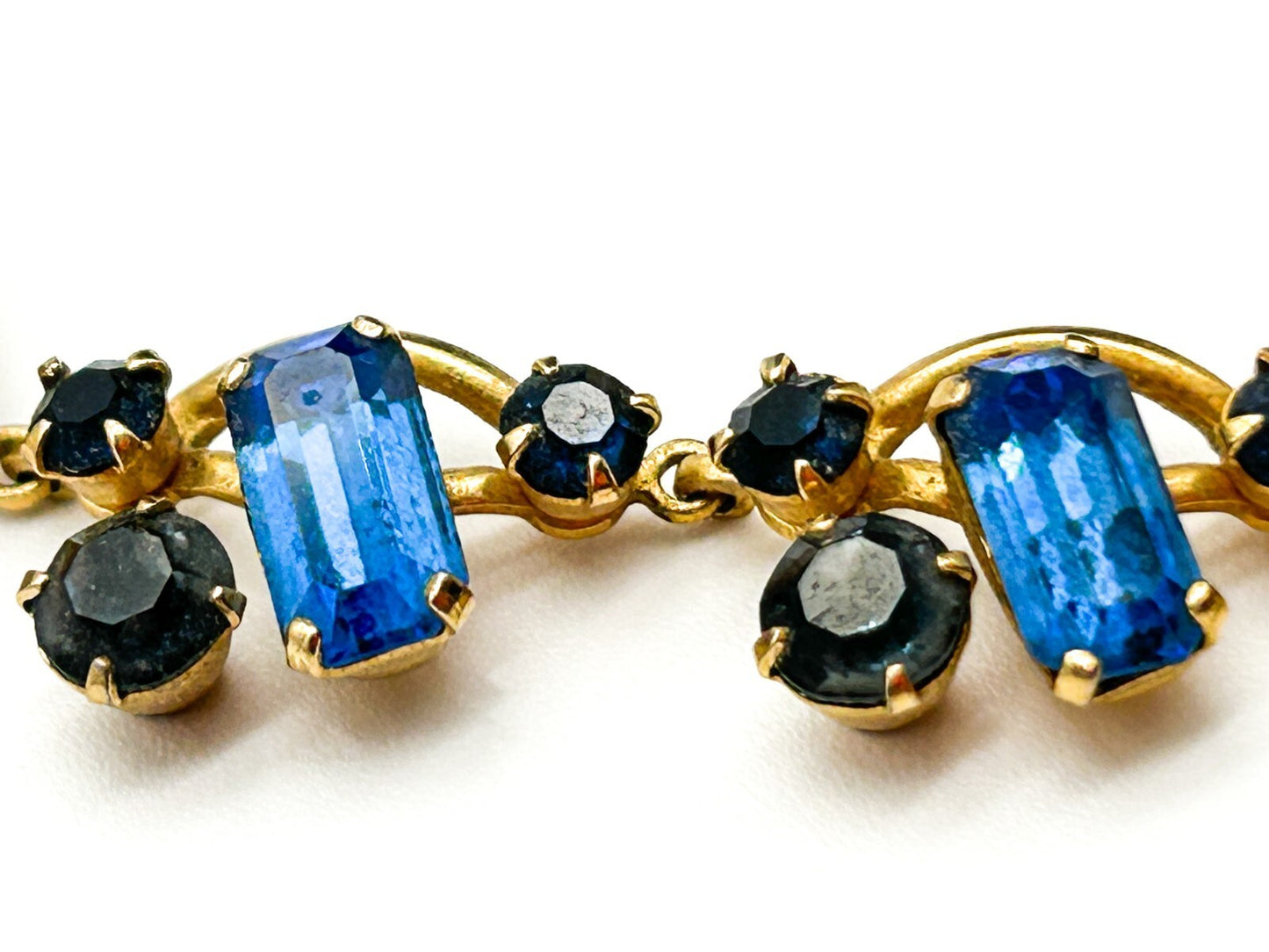 Vintage Blue Rhinestone Necklace Gold Tone Baguette Crystal Statement 1930s-50s