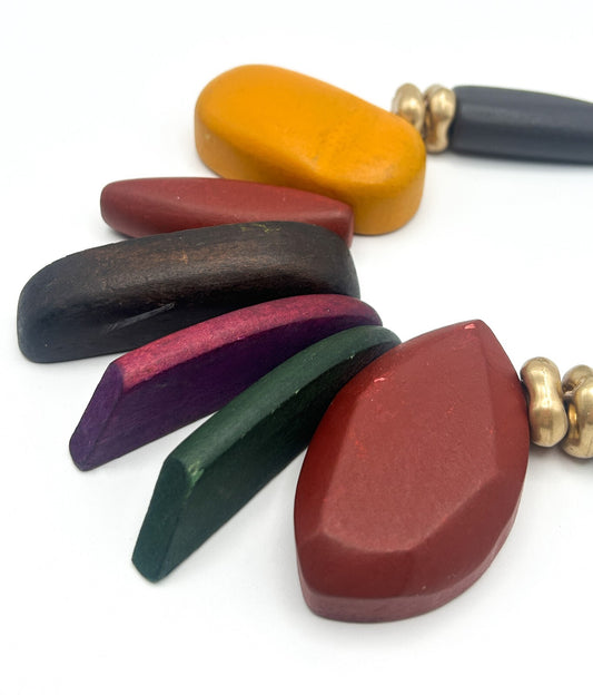 Chunky Abstract Wood Statement Necklace on Black Cord Multi Colour