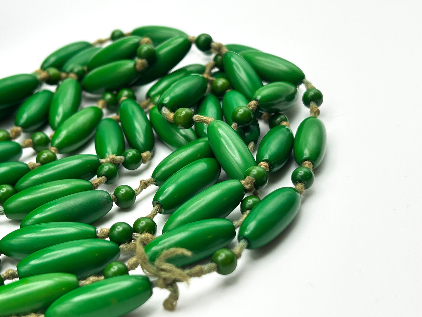 Pair of Vintage Early Plastic Green Hand-knotted Beaded Necklaces